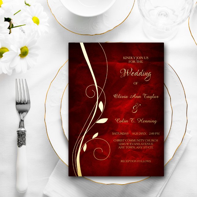 Invitación Con Relieve Metalizado Elegante Boda rojo profundo de Swirl Leaf (Subido por el creador)