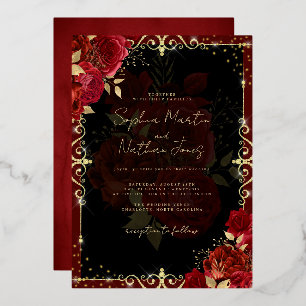 Invitación Con Relieve Metalizado Elegante Boda Rosa Roja Real Dorada