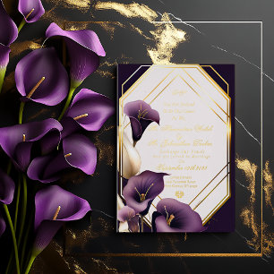 Invitación Con Relieve Metalizado Elegante Boda Royal Purple y Gold Calla Lily