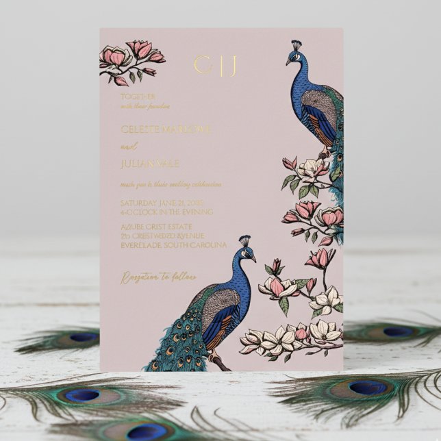 Invitación Con Relieve Metalizado Elegante Boda Rubor Floral Peacock (Elegant Blush Pink Wedding Invitations. Trendy Floral Blue Peacock, Teal Feathers, Magnolia Flowers)