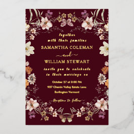 Invitación Con Relieve Metalizado Elegante Boda Rústico de Flor Silvestre de Borgoña