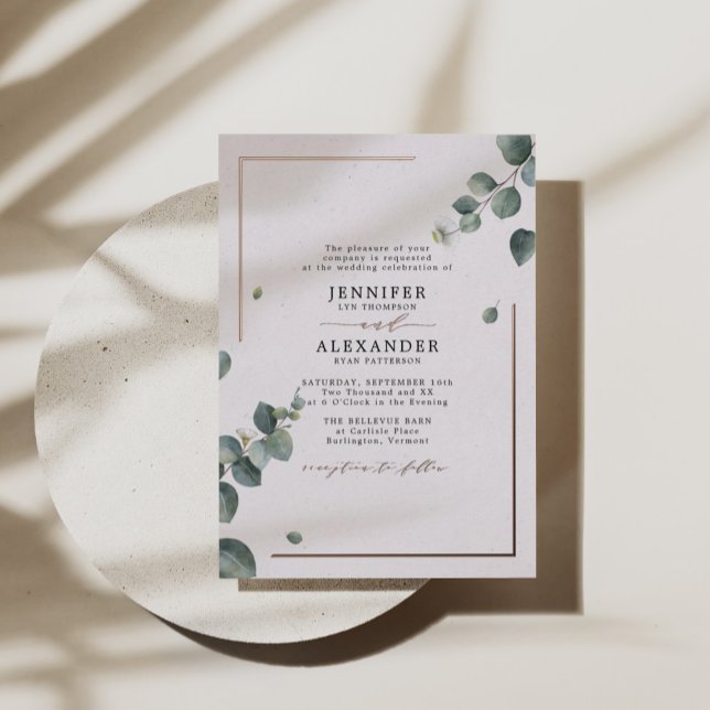 Invitación Con Relieve Metalizado Elegante Boda Rústico Eucalyptus Rosa Oro (Subido por el creador)