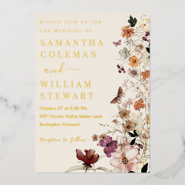 Invitación Con Relieve Metalizado Elegante Boda rústico moderno de Boho Wildflower