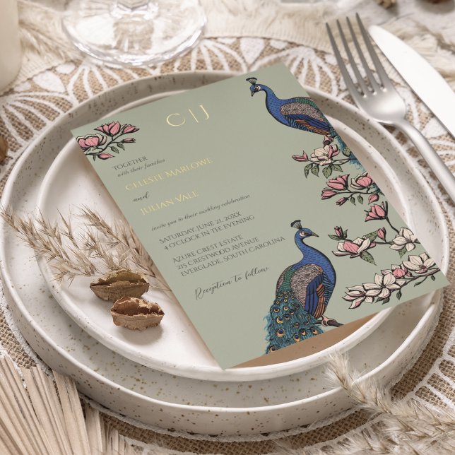 Invitación Con Relieve Metalizado Elegante Boda Sage Green Floral Peacock (Real Gold Foil Elegant Rustic Peacock on Magnolia Tree. Hand-Drawn Modern Chinoiserie in Sage Green)