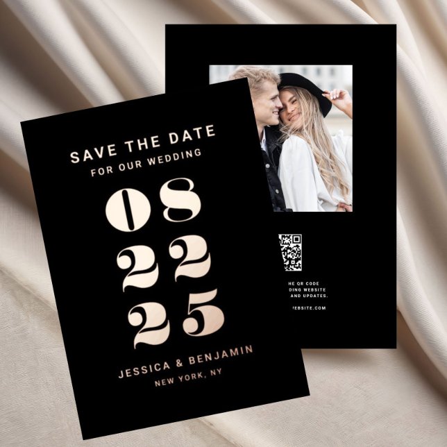 Invitación Con Relieve Metalizado Elegante Boda Salva La Fecha Negro Rosa Oro (Elegant Wedding Save The Date Black Rose Gold Foil Invitation)