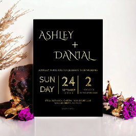 Invitación Con Relieve Metalizado Elegante Boda Sencillo Negro Y Oro Moderno