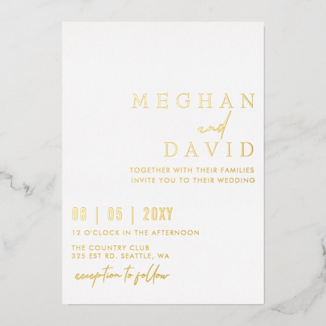 Invitación Con Relieve Metalizado Elegante Boda simple manuscrito (Anverso)