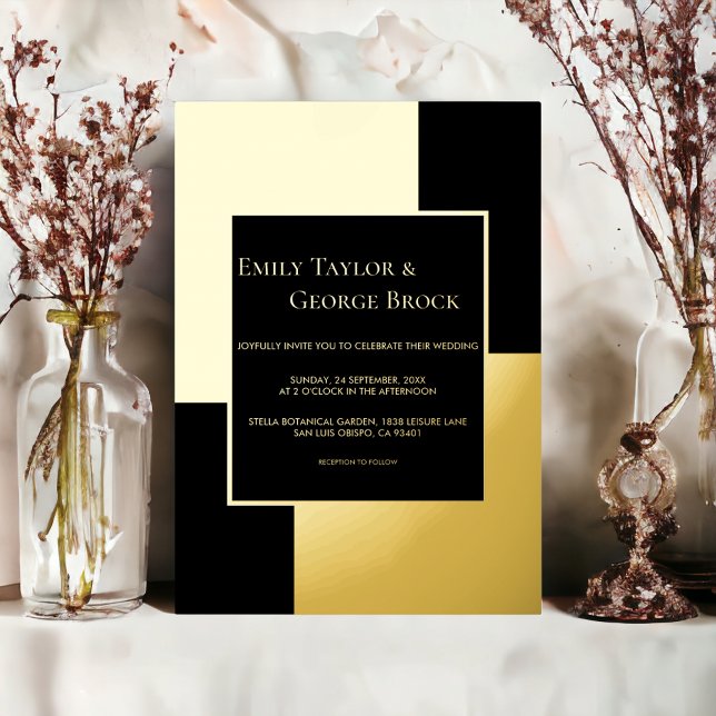 Invitación Con Relieve Metalizado Elegante Boda Sofisticado De Moda Negra Y Oro (Subido por el creador)