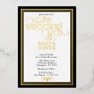 Invitación Con Relieve Metalizado Elegante Boda Tipografía Ornamentada en Oro Negro
