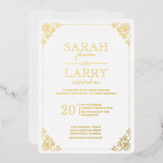 Invitación Con Relieve Metalizado Elegante Boda tradicional de oro (Sobre)