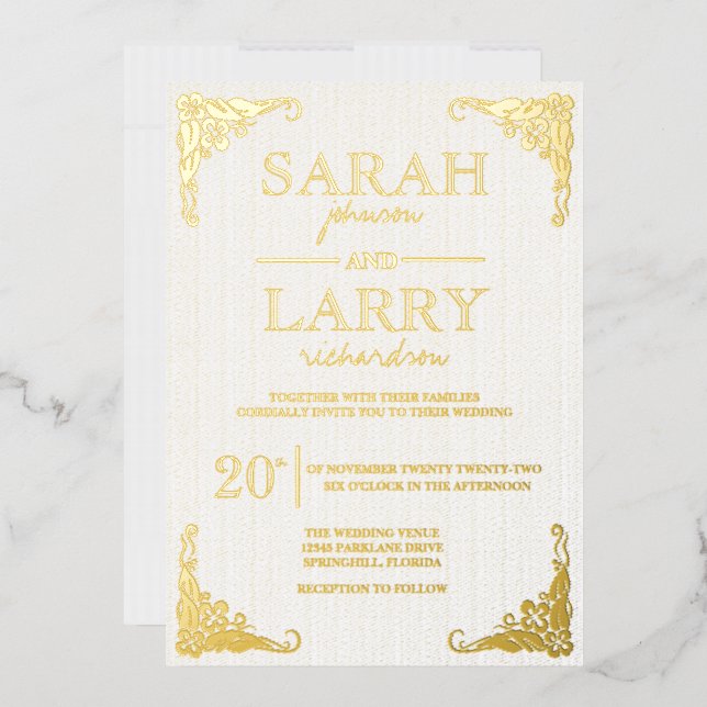 Invitación Con Relieve Metalizado Elegante Boda tradicional hawaiano de oro (Sobre)