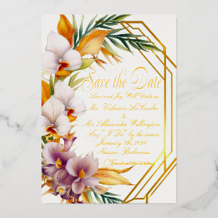 Invitación Con Relieve Metalizado Elegante boda tropical de destino guardar la fecha