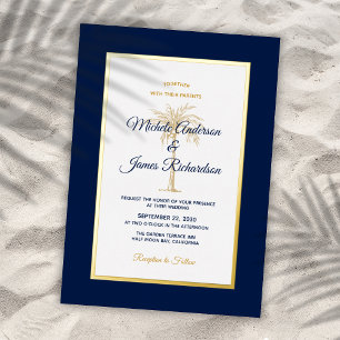 Invitación Con Relieve Metalizado Elegante Boda Tropical de la Marina de Oro Azul