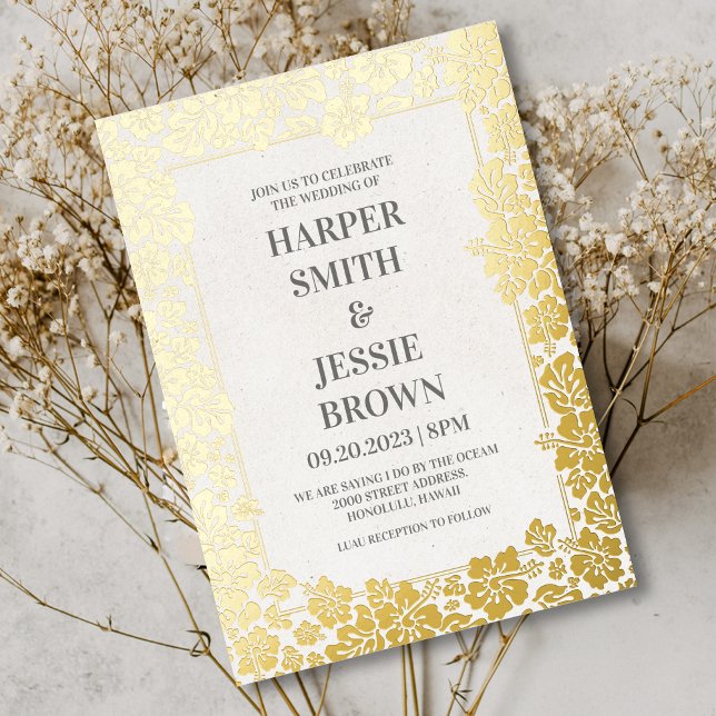 Invitación Con Relieve Metalizado Elegante Boda Tropical en la Playa de Hawái (Subido por el creador)