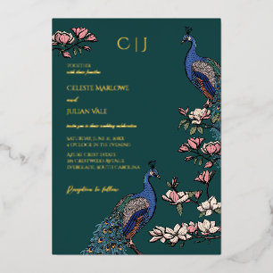 Invitación Con Relieve Metalizado Elegante Boda Verde azulado Floral Peacock