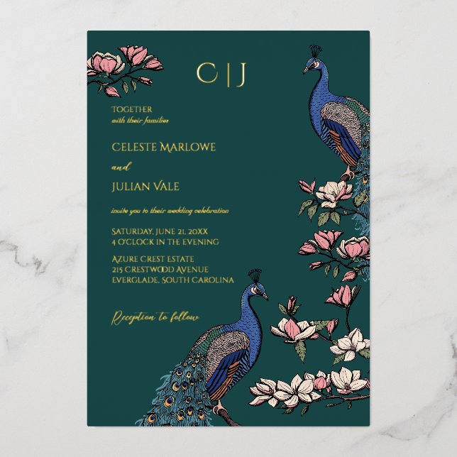 Invitación Con Relieve Metalizado Elegante Boda Verde azulado Floral Peacock (Anverso)
