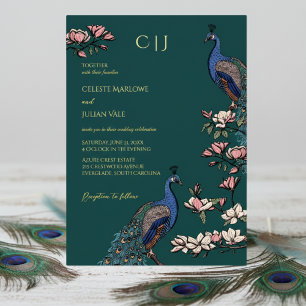 Invitación Con Relieve Metalizado Elegante Boda Verde azulado Floral Peacock