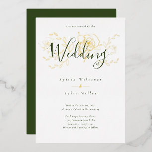 Invitación Con Relieve Metalizado Elegante Boda verde blanco floral dorado