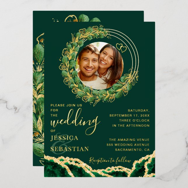 Invitación Con Relieve Metalizado Elegante Boda verde esmeralda y oro (Anverso/Reverso)