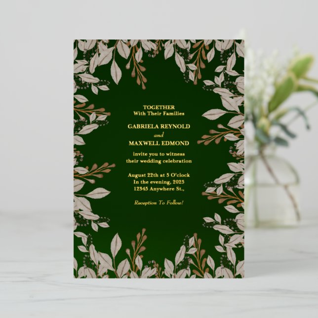 Invitación Con Relieve Metalizado Elegante Boda verde esmeralda y oro (Anverso de pie)