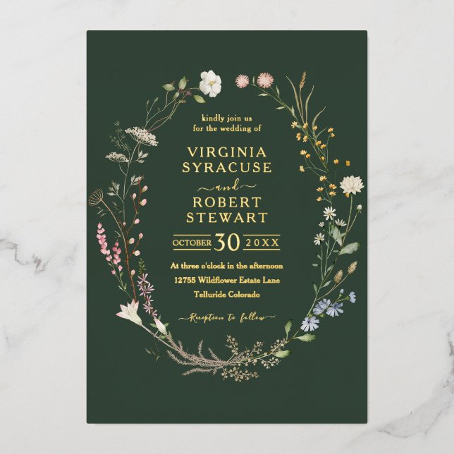 Invitación Con Relieve Metalizado Elegante Boda Verde Wreath Wreath (Anverso)