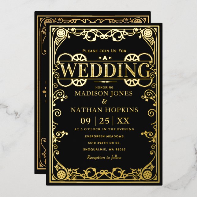 Invitación Con Relieve Metalizado Elegante Boda victoriano Steampunk (Anverso/Reverso)