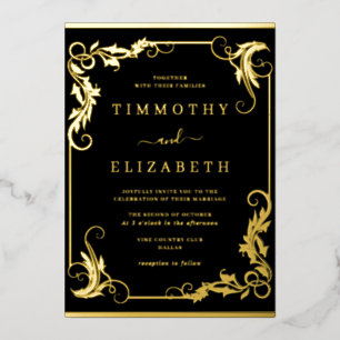Invitación Con Relieve Metalizado Elegante Boda Vintage Dorado Negro