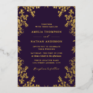 Invitación Con Relieve Metalizado Elegante Boda Vintage Dorado Púrpura