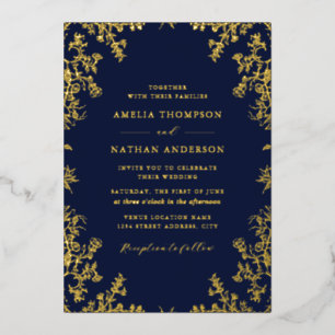 Invitación Con Relieve Metalizado Elegante Boda Vintage Oro Azul Marino 