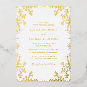 Invitación Con Relieve Metalizado Elegante Boda Vintage Oro Blanco