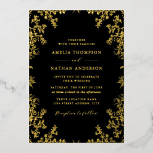Invitación Con Relieve Metalizado Elegante Boda Vintage Oro Negro 