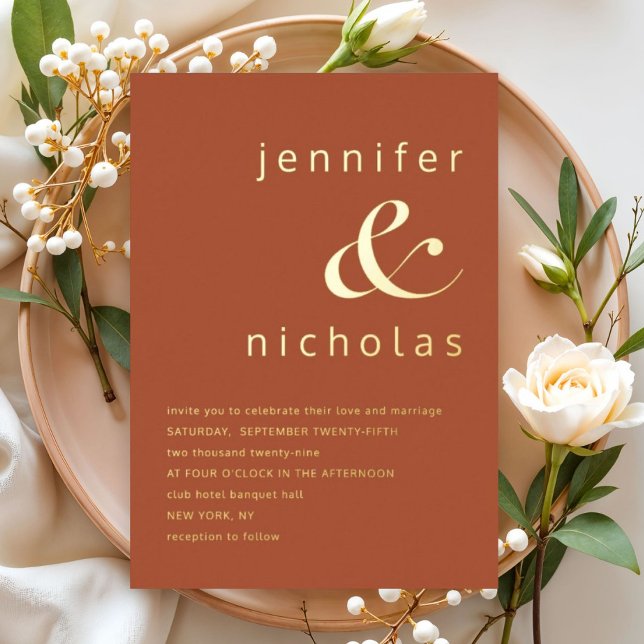 Invitación Con Relieve Metalizado Elegante Boda y barrena dorada (Elegant Gold Terracotta Ampersand Wedding Foil Invitation)