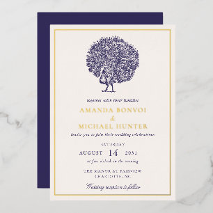 Invitación Con Relieve Metalizado Elegante Bodas de Pavo Real Azul Medianoche Vintag