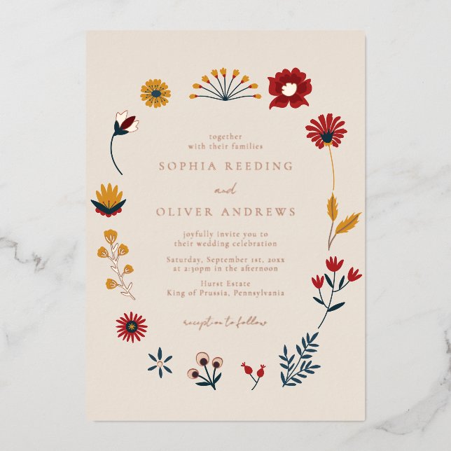 Invitación Con Relieve Metalizado Elegante Boho Boda Floral Rosa Gold (Anverso)