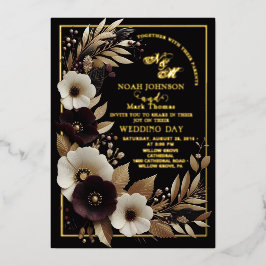 Invitación Con Relieve Metalizado Elegante Boho Floral Burgundy Negro y Dorado