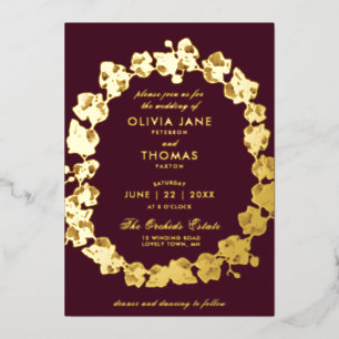 Invitación Con Relieve Metalizado Elegante Boho Orquid Floral Wreath Borgoña Boda