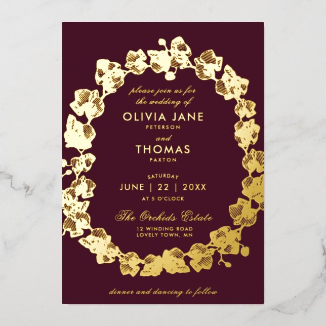 Invitación Con Relieve Metalizado Elegante Boho Orquid Floral Wreath Borgoña Boda (Anverso)