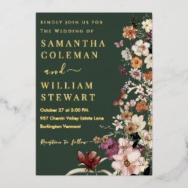 Invitación Con Relieve Metalizado Elegante Boho Wildflower Dark Green Rustic Boda