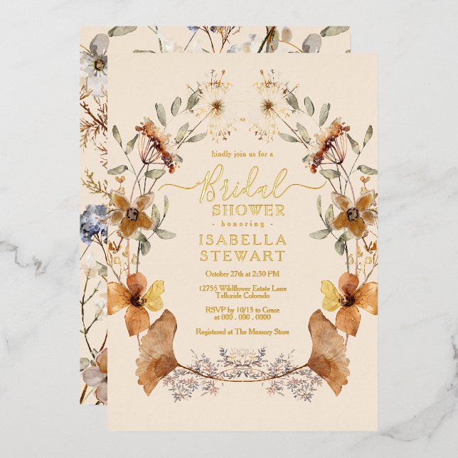 Invitación Con Relieve Metalizado Elegante Boho Wildflower Elegante Ducha Bridal (Anverso/Reverso)