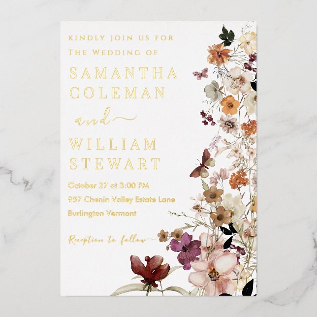 Invitación Con Relieve Metalizado Elegante Boho Wildflower Tema Rústico Boda (Anverso)