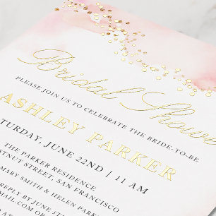 Invitación Con Relieve Metalizado Elegante Bonito color de agua rosa ducha de novia