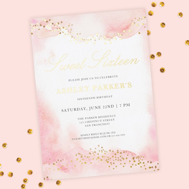 Invitación Con Relieve Metalizado Elegante Bonito Purpurina de oro rosa dulce 16 cum (Subido por el creador)