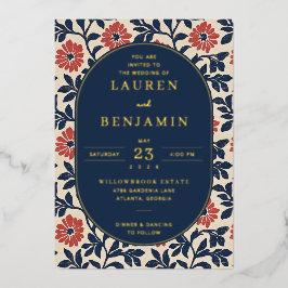 Invitación Con Relieve Metalizado Elegante Borde Floral Marino