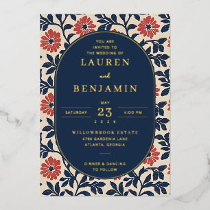 Invitación Con Relieve Metalizado Elegante Borde Floral Marino