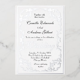 Invitación Con Relieve Metalizado Elegante Borde Floral Plateado Boda