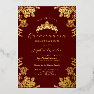 Invitación Con Relieve Metalizado Elegante Borgoña Dorada Vintage Quinceanera