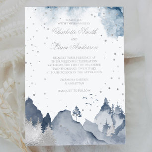 Invitación Con Relieve Metalizado Elegante bosque de montaña de invierno Boda plata 