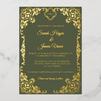 Invitación Con Relieve Metalizado Elegante Botánico con Hojalata de Oro Real