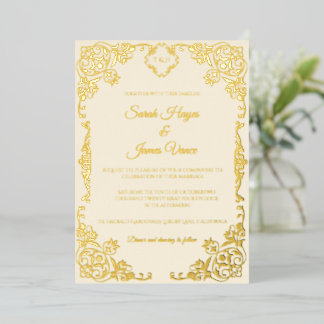 Invitación Con Relieve Metalizado Elegante Botánico con Hojalata de Oro Real
