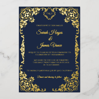 Invitación Con Relieve Metalizado Elegante Botánico con Hojalata de Oro Real